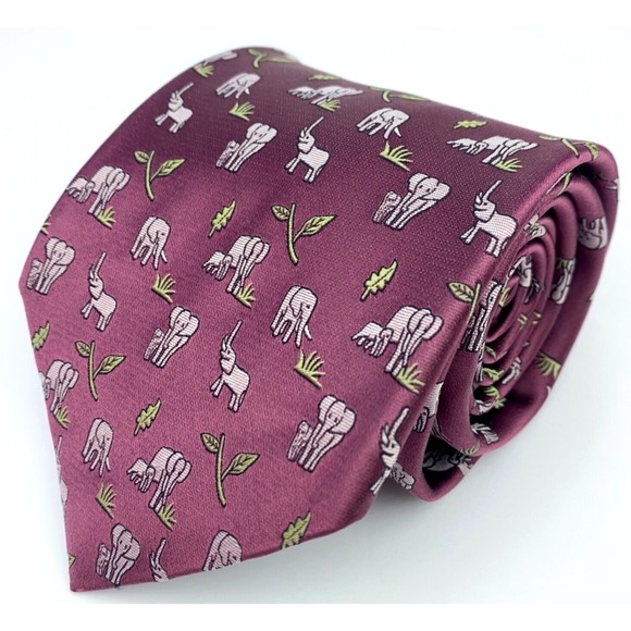 Jim Thompson Tie Mulberry Color - Elephants with Baby Animal Leaf Necktie - Picture 2 of 11